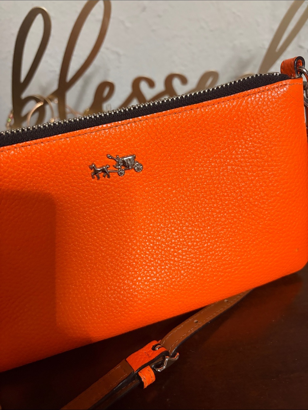 Coach Bright Orange Pebbled Leather Crossbody Wristlet - Picture 5 of 9